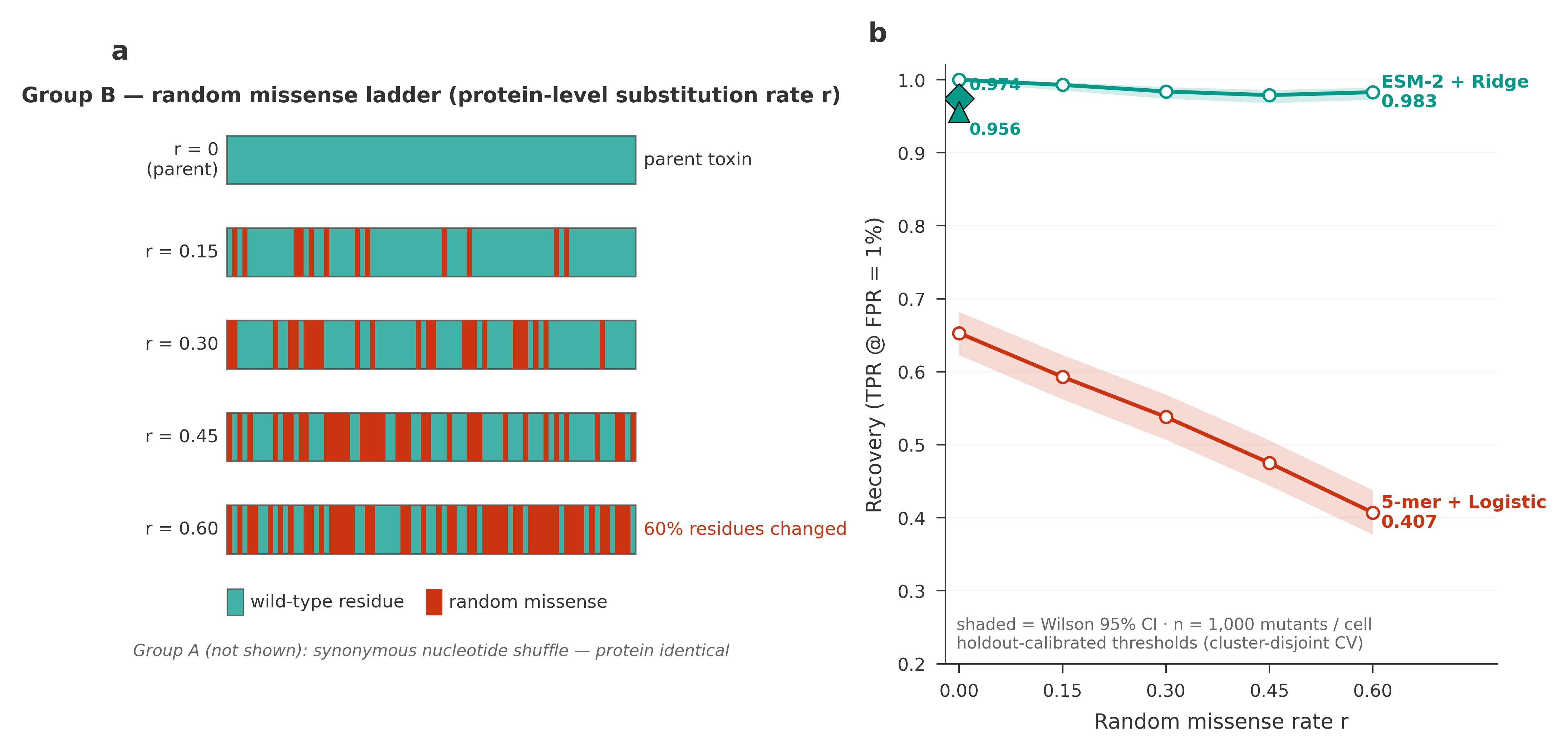 Figure 5. Recovery (TPR@1%) under increasing protein disguise: the function-aware screen degrades gently, the letter-frequency screen does not.